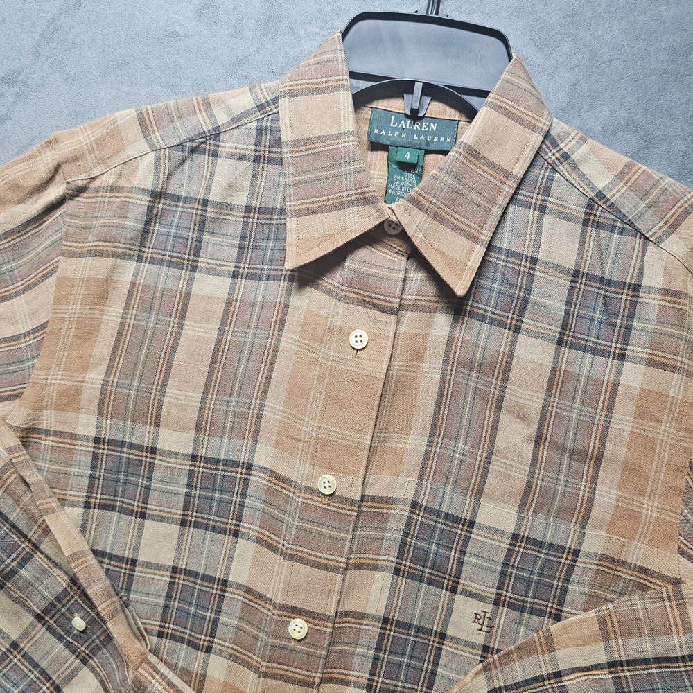 Lauren Ralph Lauren Brown Plaid 100% Linen Button-Up‎ Shirt Women's Size 4 LRL